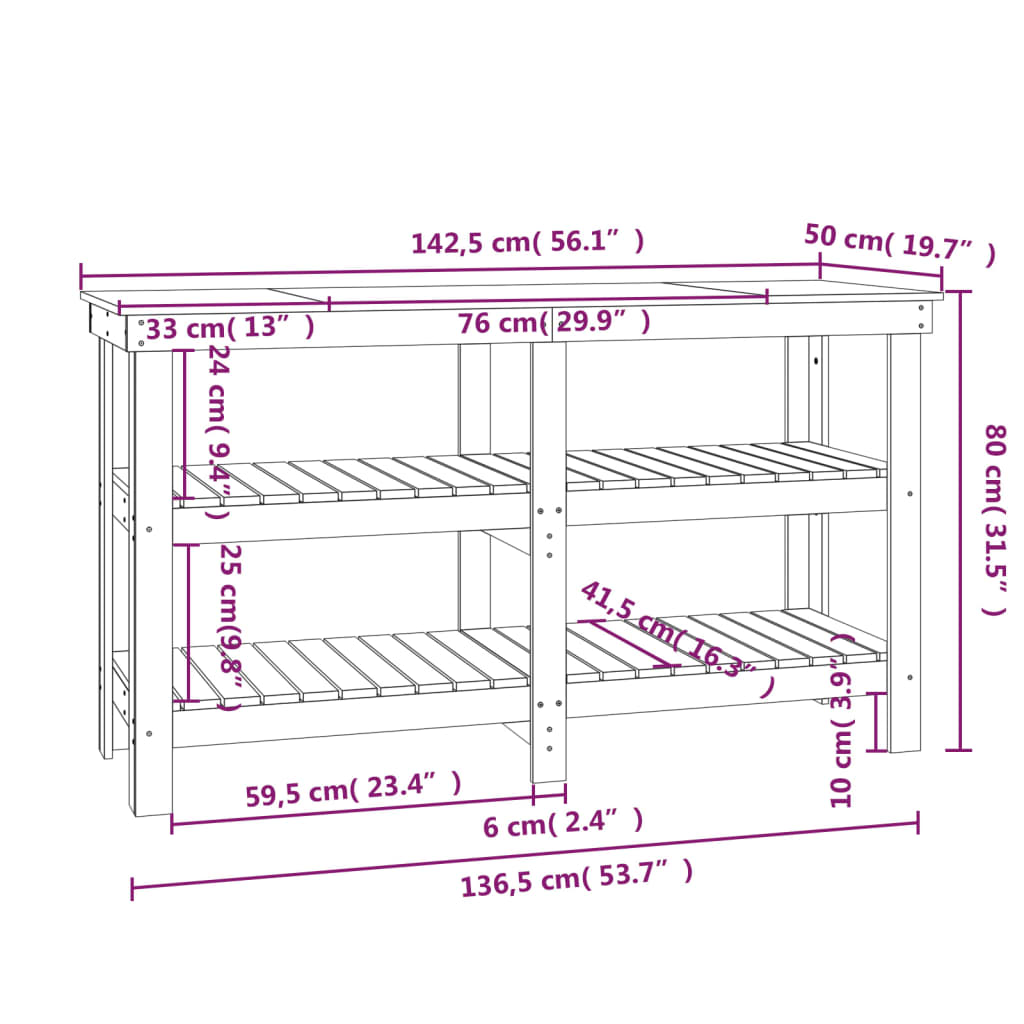 arbejdsbord 142,5x50x80 cm massivt fyrretræ