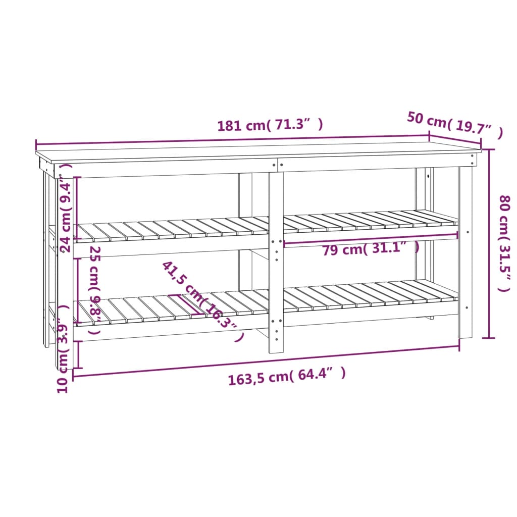 arbejdsbord 181x50x80 cm massivt fyrretræ hvid