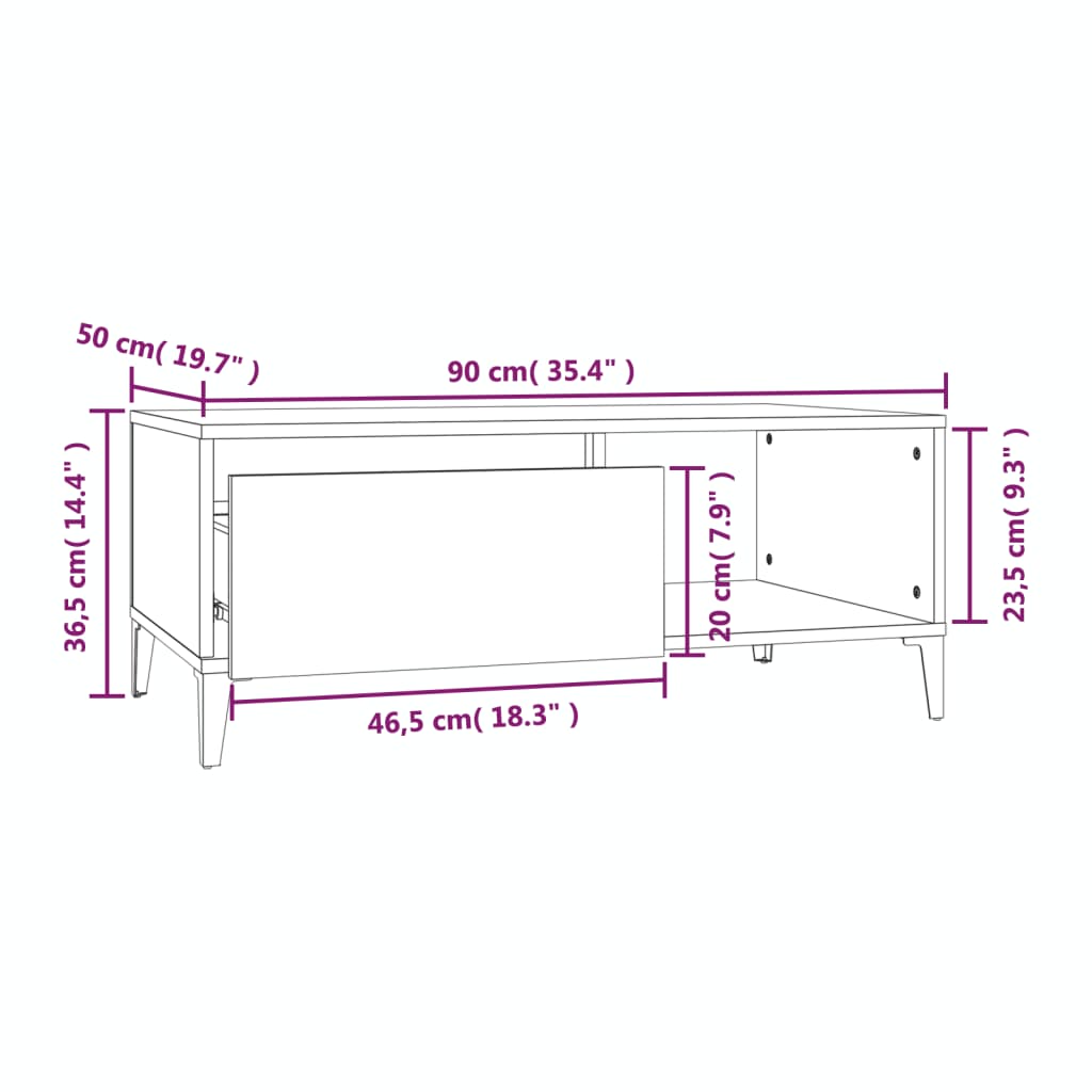 sofabord 90x50x36,5 cm konstrueret træ hvid