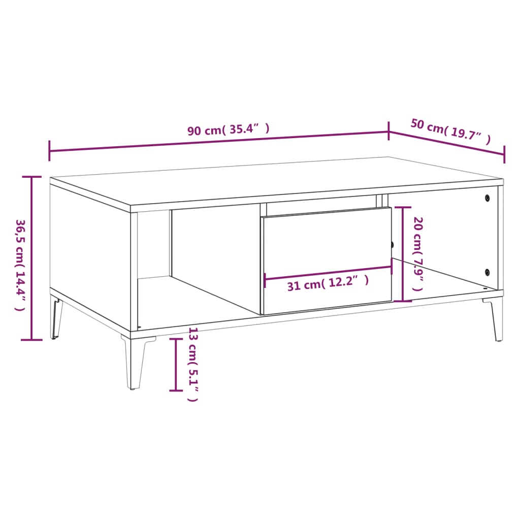 sofabord 90x50x36,5 cm konstrueret træ hvid