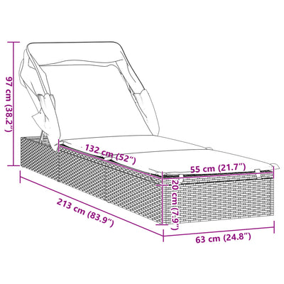 liggestol med foldbart tag 213x63x97 cm polyrattan grå