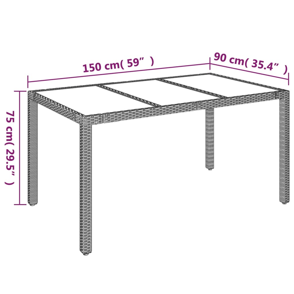 havebord med glastop 150x90x75 cm polyrattan sort