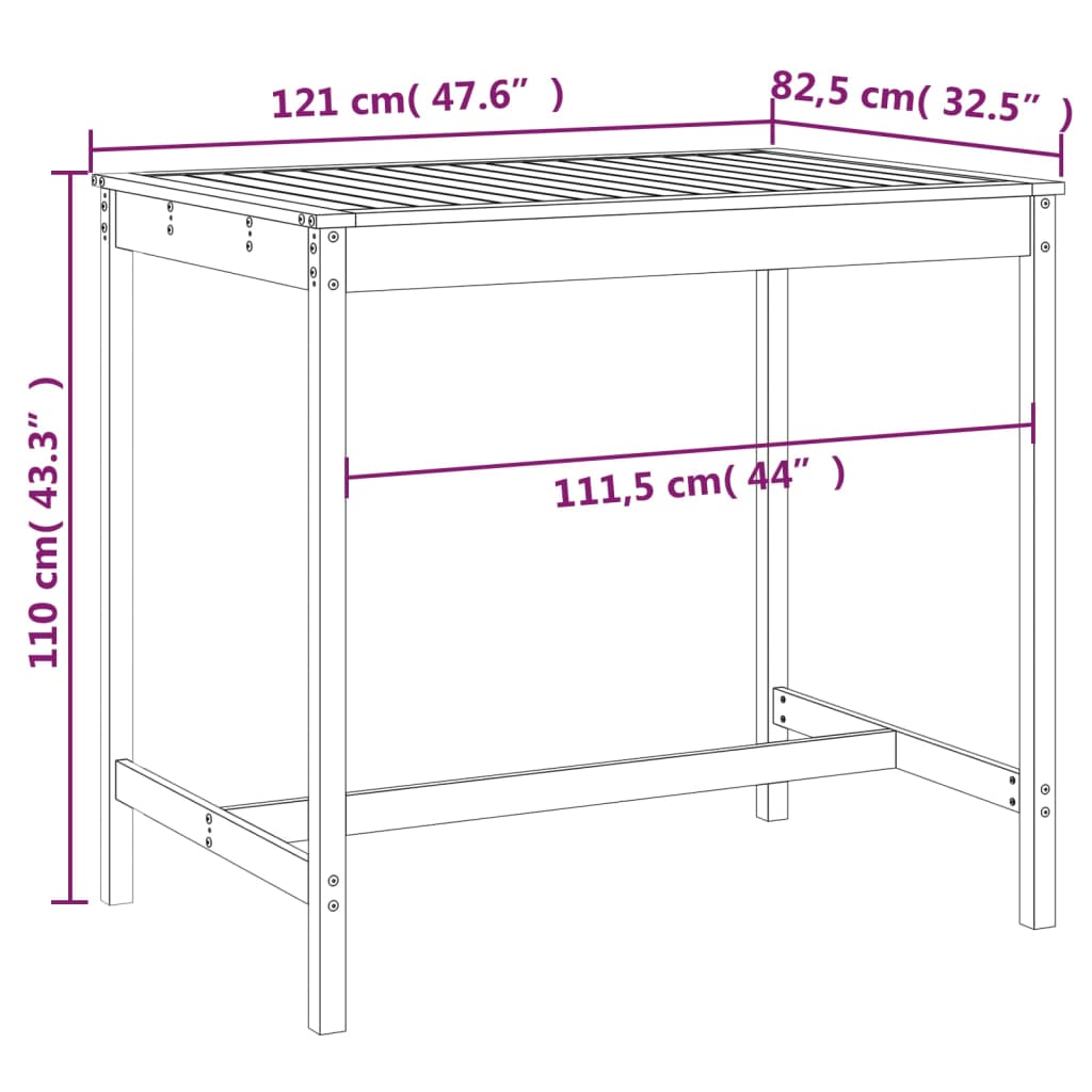 havebord 121x82,5x110 cm massivt fyrretræ