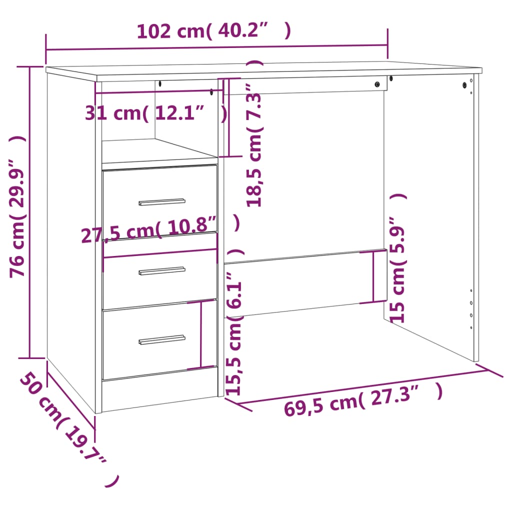 skrivebord m. hylder 102x50x76 cm konstrueret træ sort