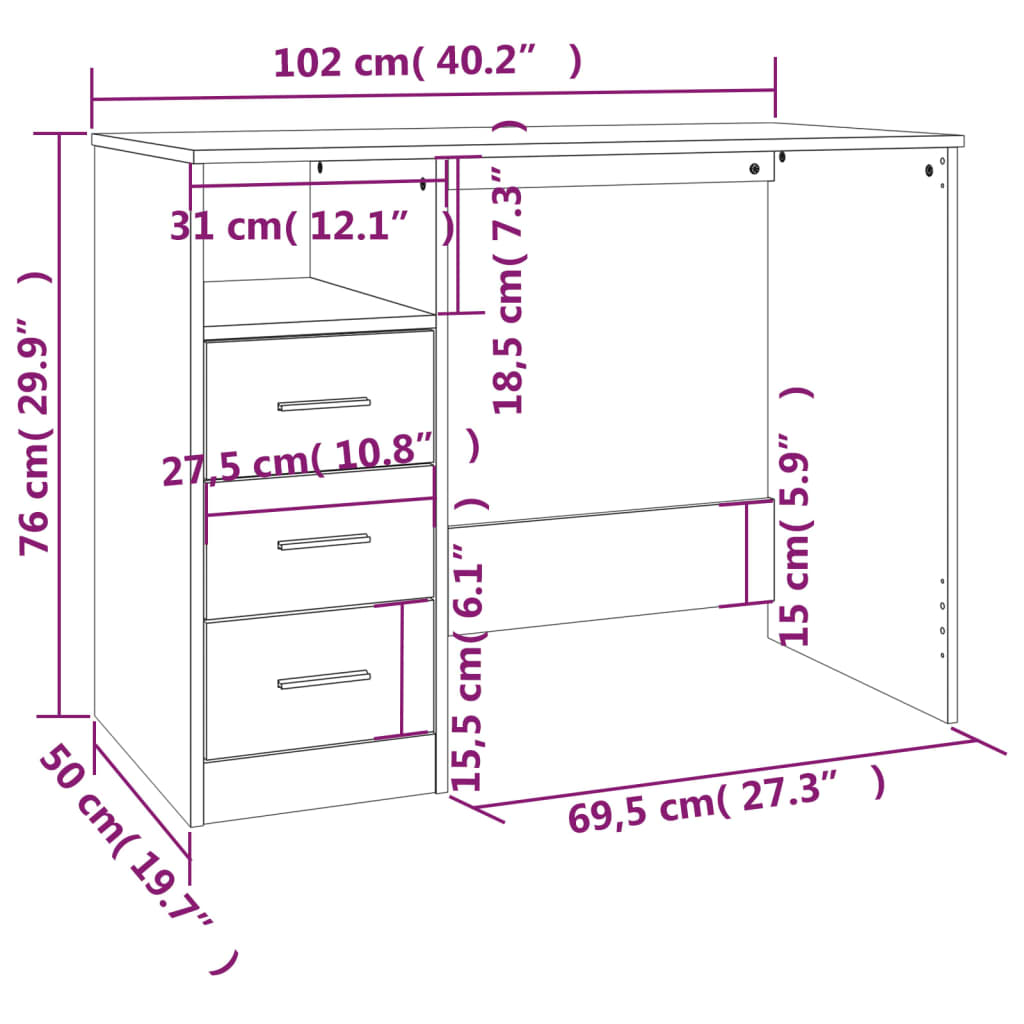 skrivebord m. skuffer 102x50x76 cm konstrueret træ røget egetræ