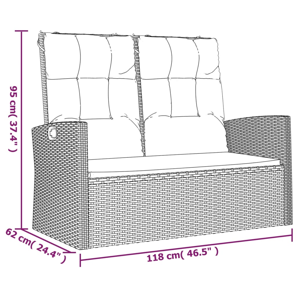 havebænk med hynder 118 cm polyrattan sort