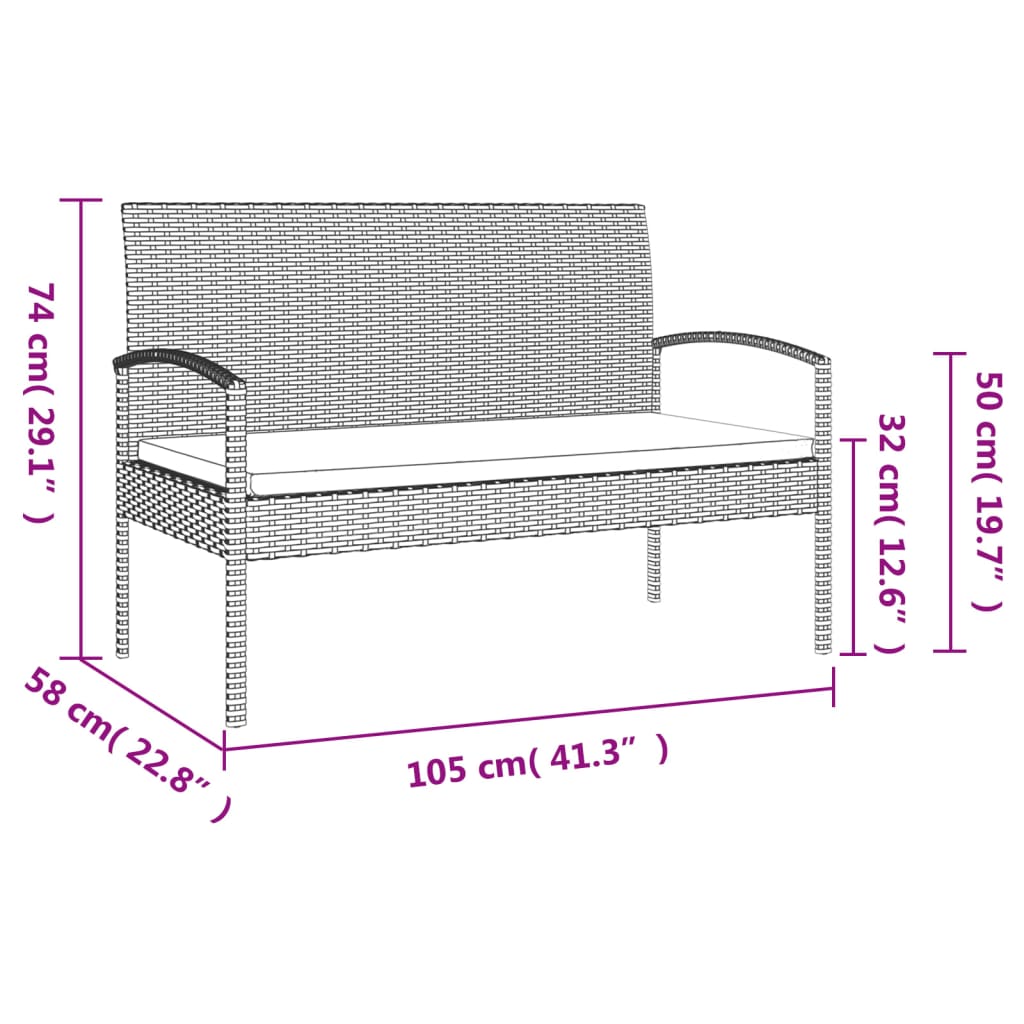 havebænk med hynde 105 cm polyrattan brun