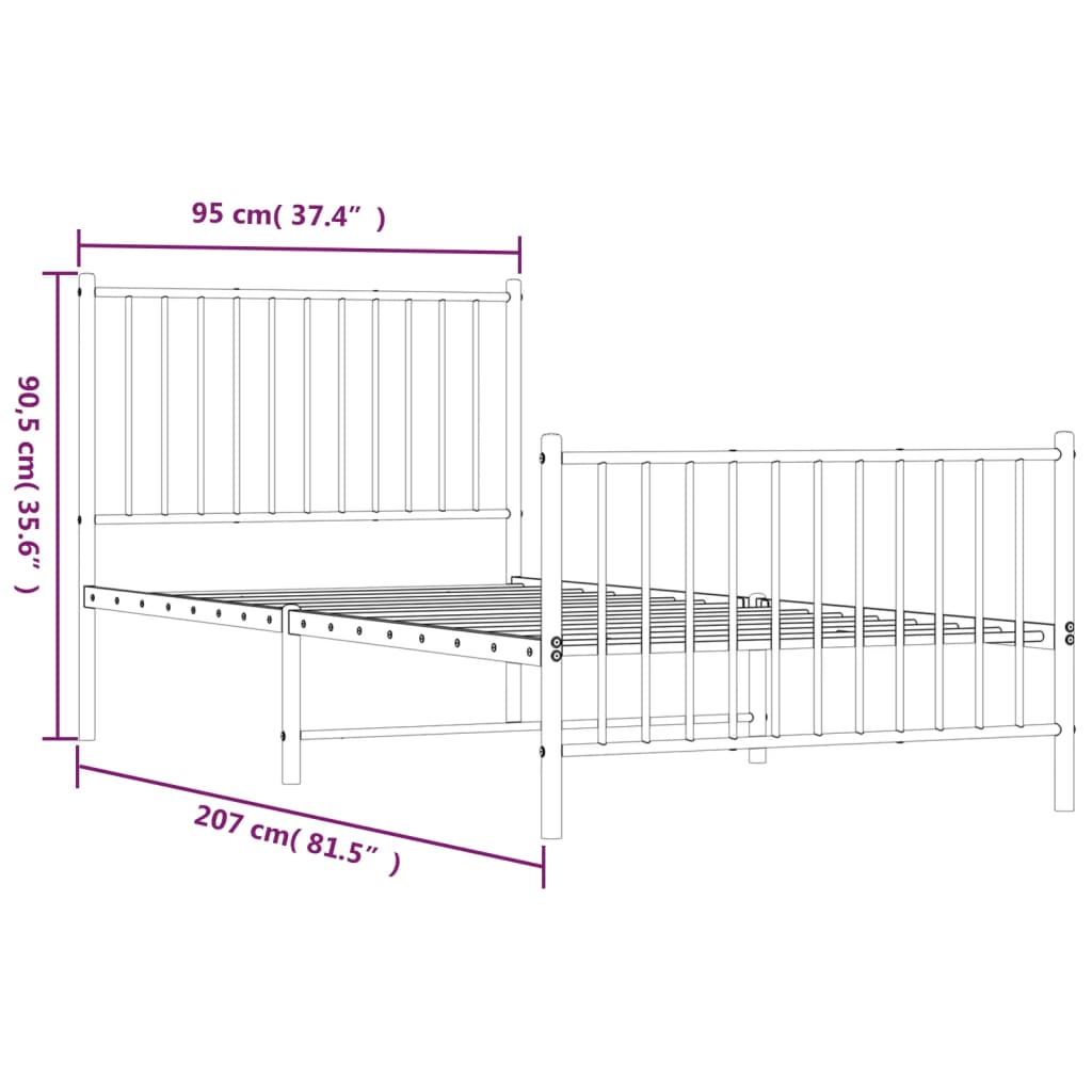 sengeramme med sengegavl og fodgærde 90x200 cm metal sort