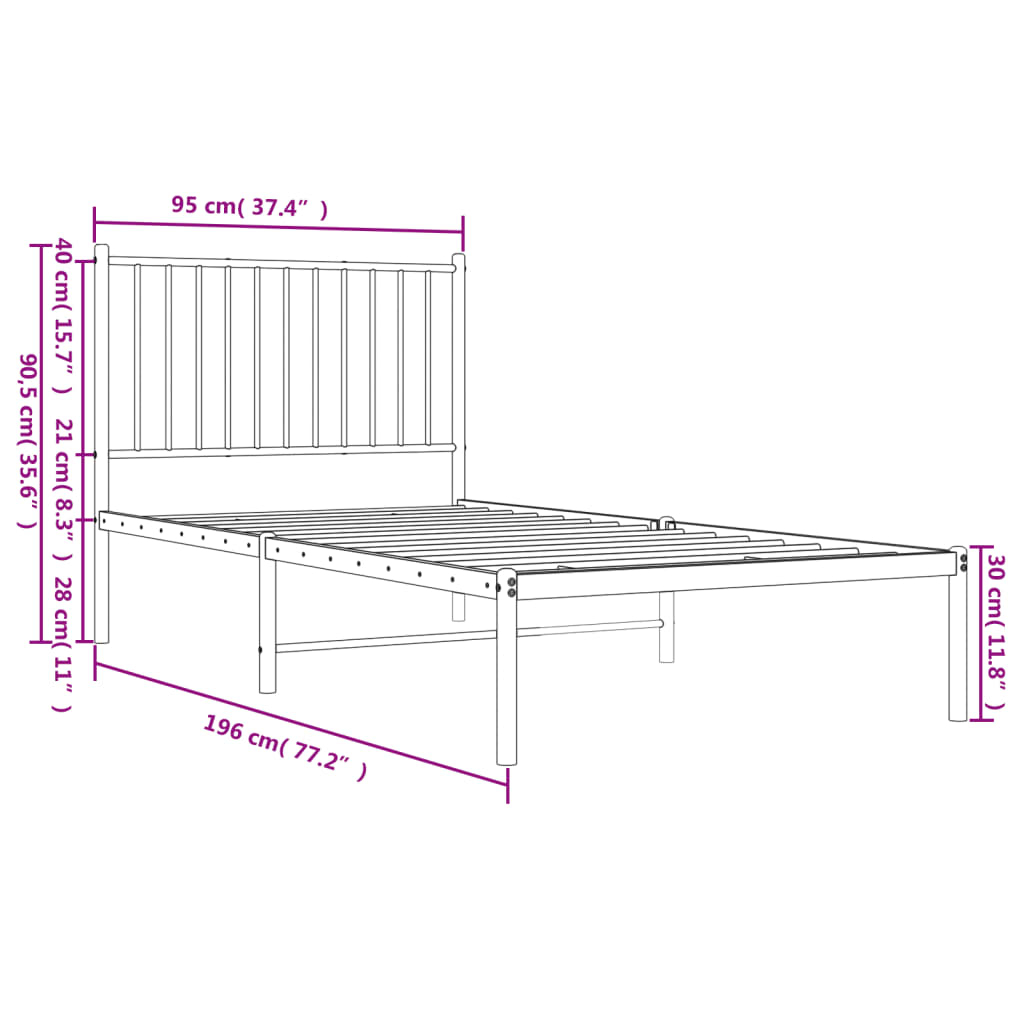 sengeramme med sengegavl 90x190 cm metal hvid