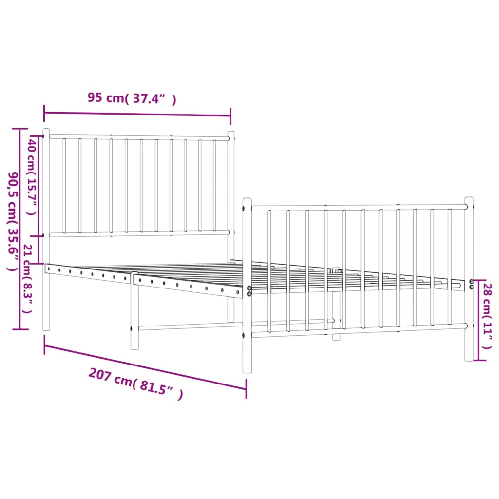 sengeramme med sengegavl og fodgærde 90x200 cm metal hvid