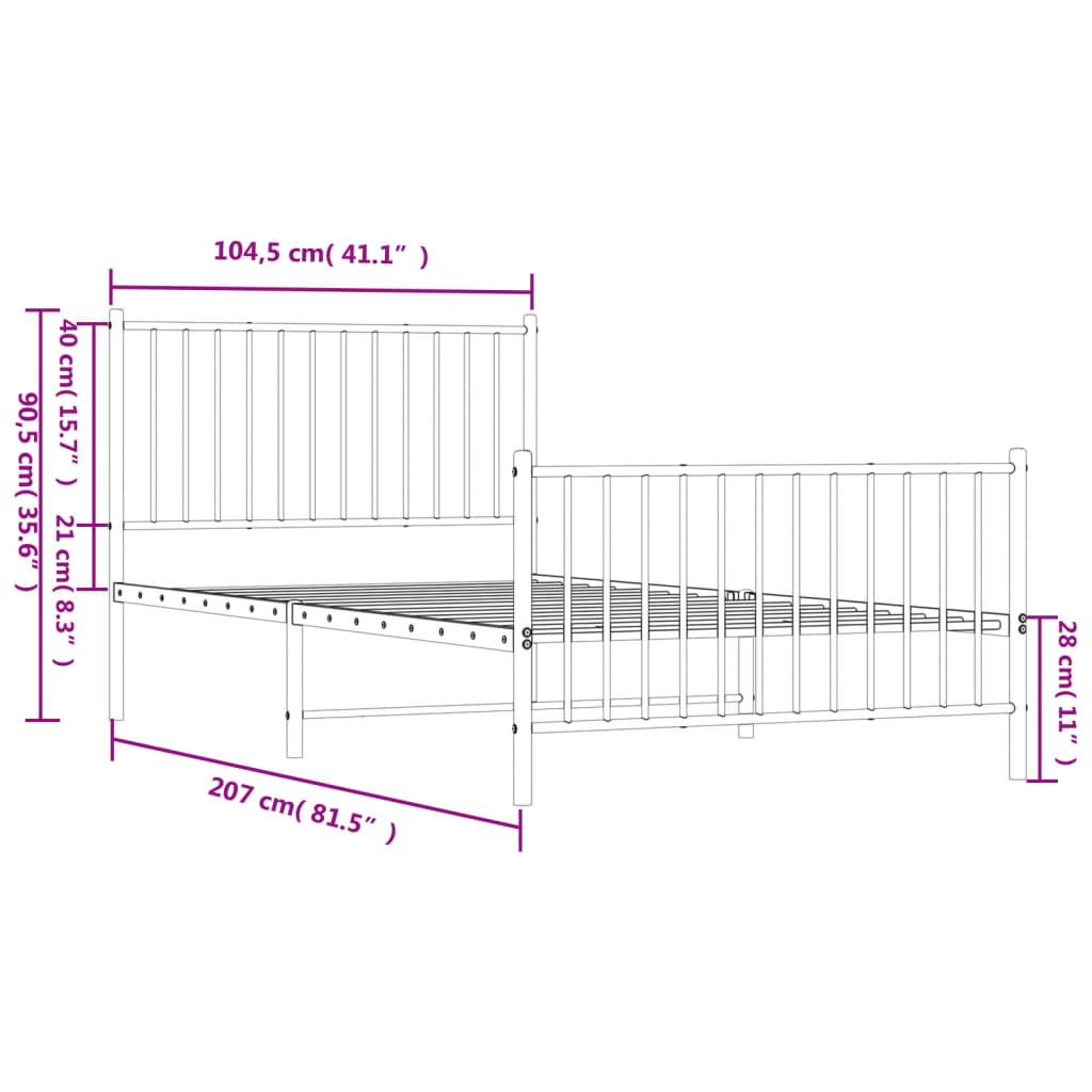 sengeramme med sengegavl og fodgærde 100x200 cm metal hvid