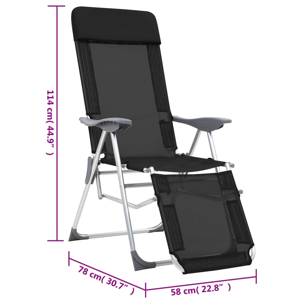 foldbare campingstole med fodstøtter 2 stk. textilene sort