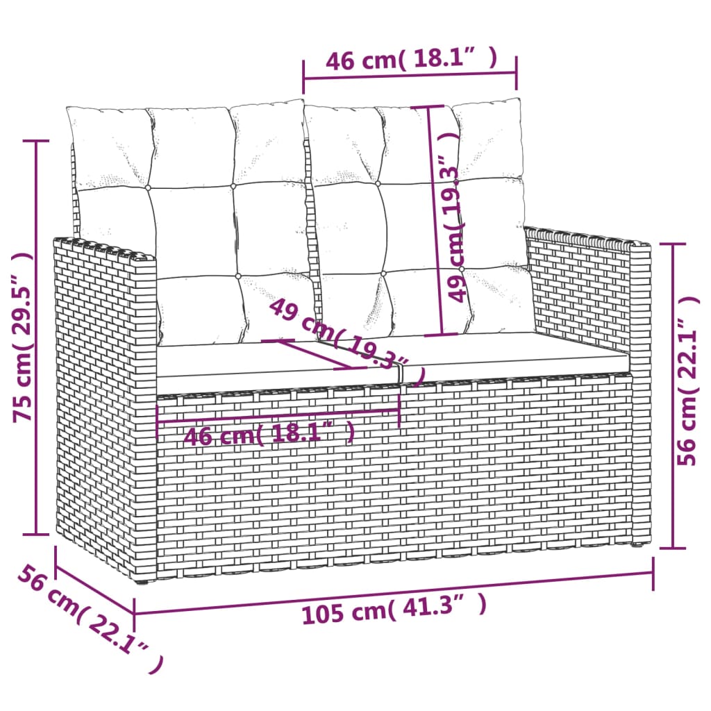 havebænk med hynder 105 cm polyrattan sort