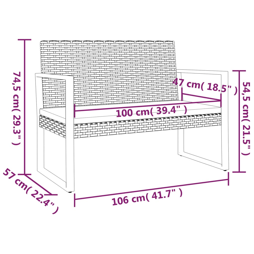 havebænk med hynder 106 cm polyrattan sort