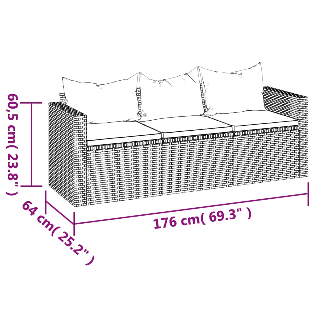 3-personers havesofa med hynder polyrattan brun