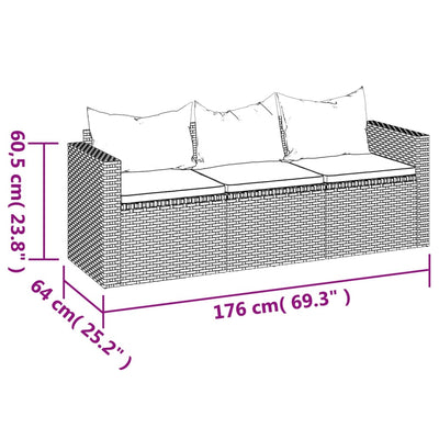 3-personers havesofa med hynder polyrattan grå