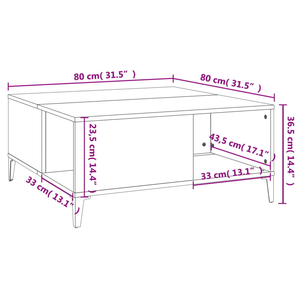 sofabord 80x80x36,5 cm konstrueret træ hvid