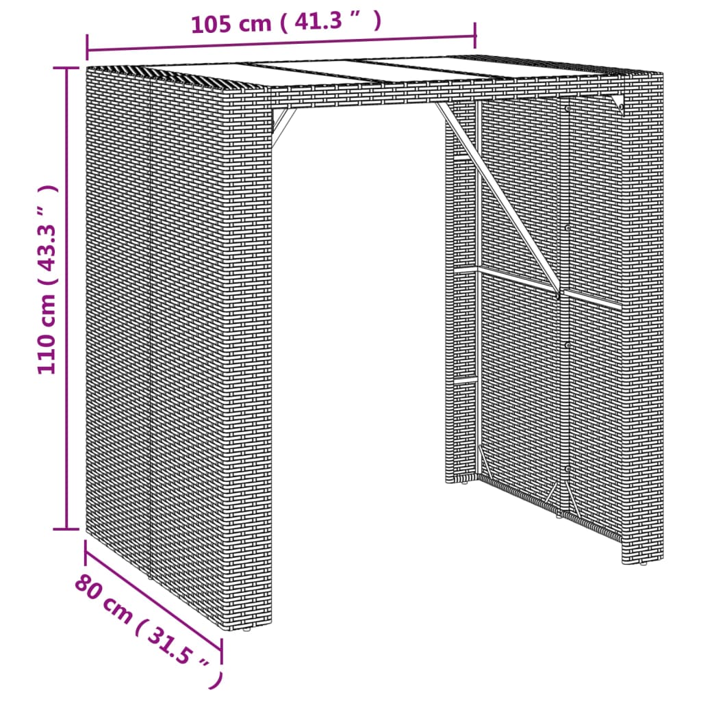 barbord med glasplade 105x80x110 cm polyrattan brun