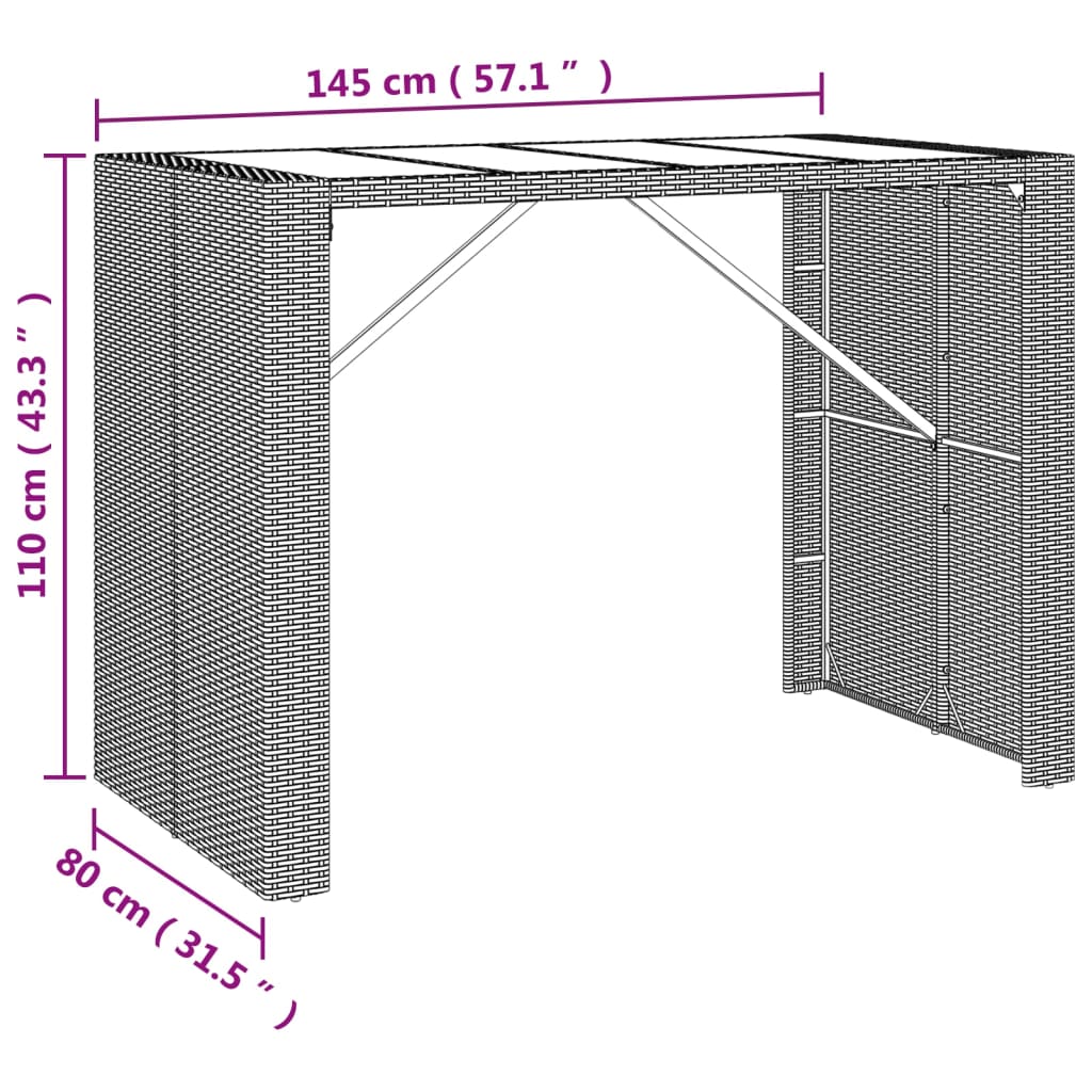 barbord med glasplade 145x80x110 cm polyrattan brun