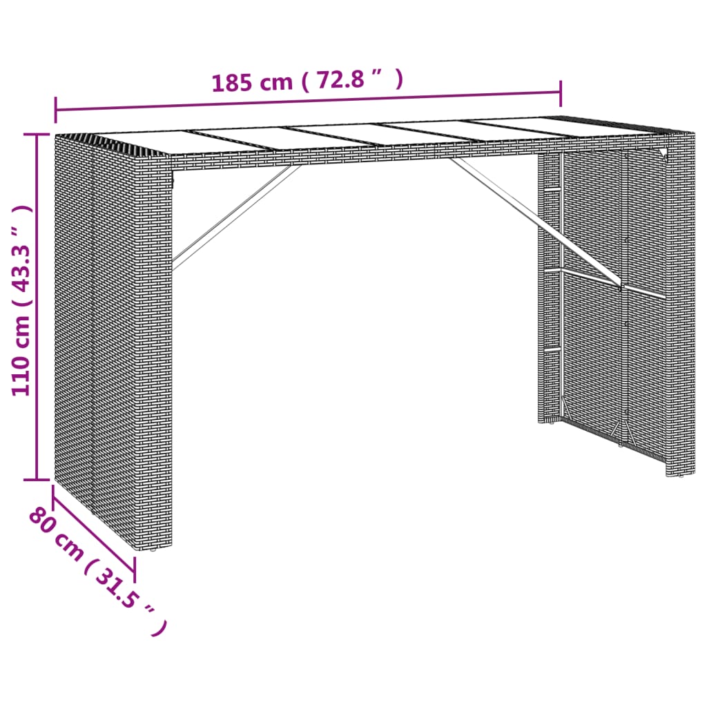 barbord med glasplade 185x80x110 cm polyrattan brun