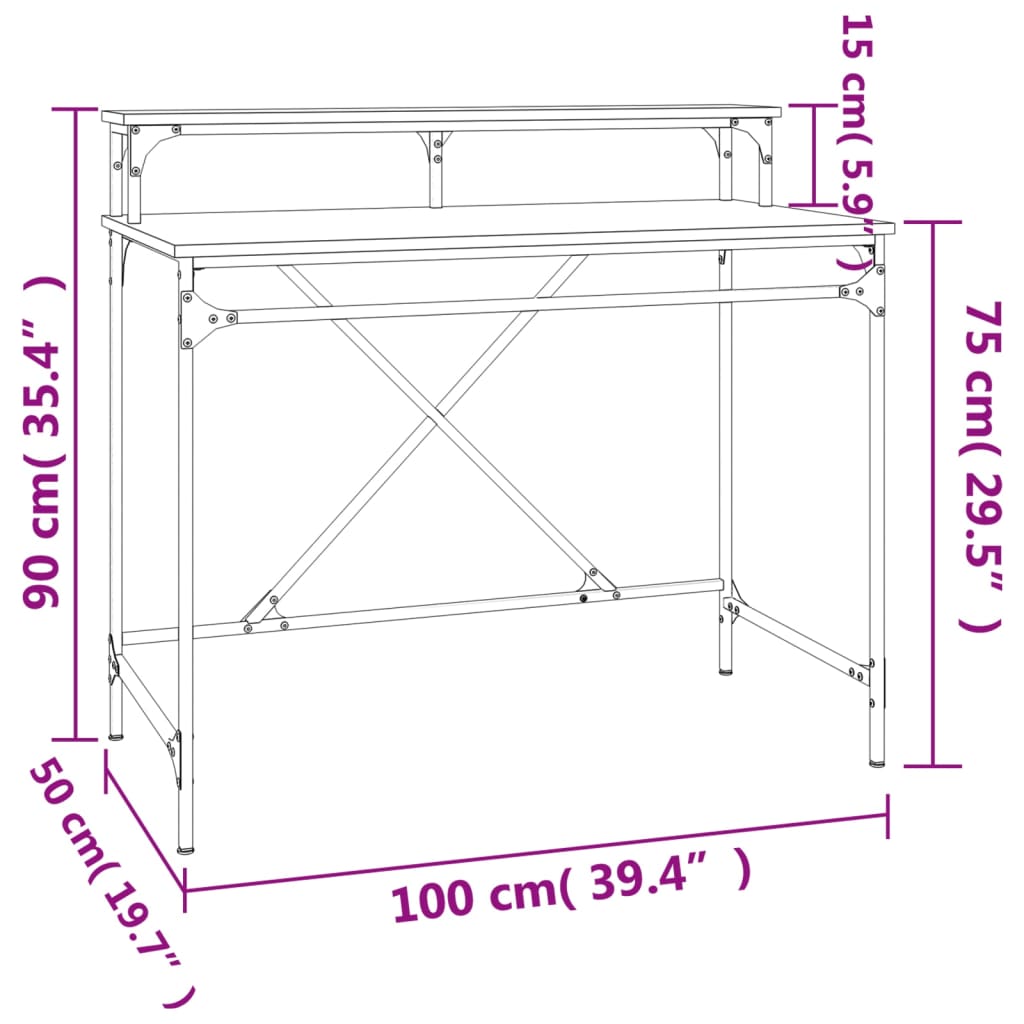 skrivebord 100x50x90 cm konstrueret træ og jern røget eg