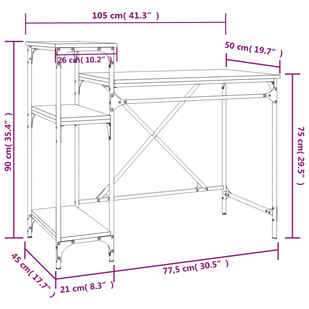 skrivebord m. hylder 105x50x90cm konstrueret træ jern sonoma-eg