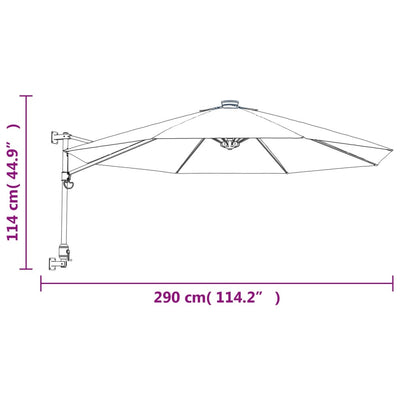 væghængt parasol med LED-lys 290 cm havblå