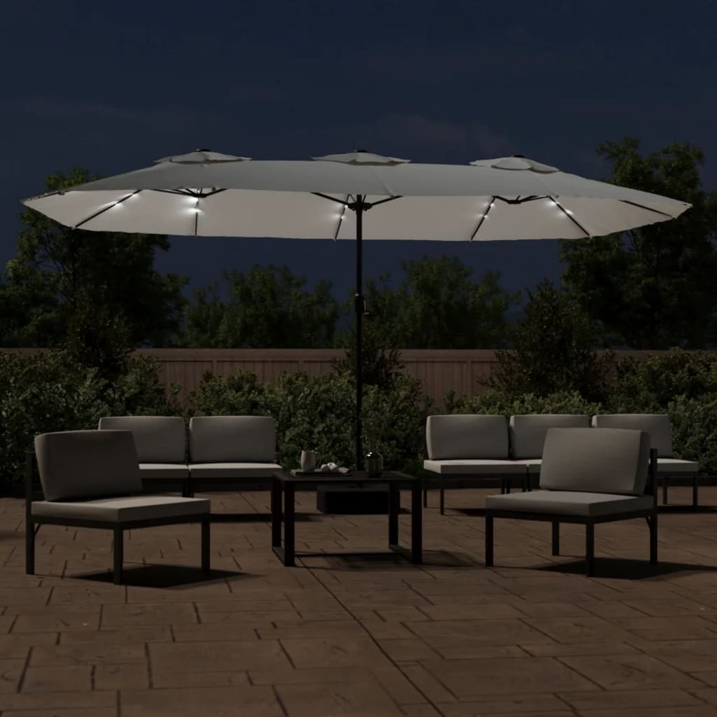 parasol med dobbelt parasoldug og LED-lys 449x245 cm sandhvid