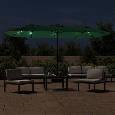 parasol med dobbelt parasoldug og LED-lys 449x245 cm grøn