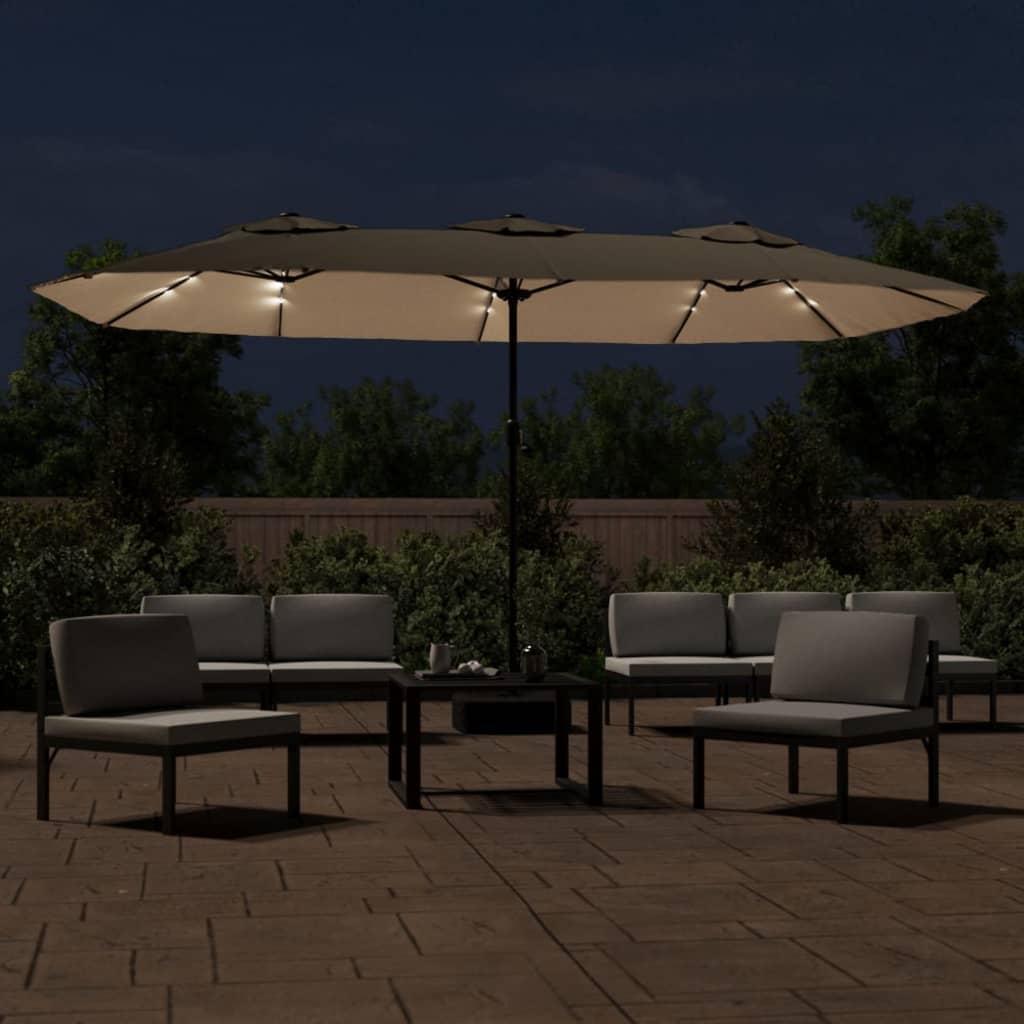 parasol med dobbelt parasoldug og LED-lys 449x245 cm gråbrun