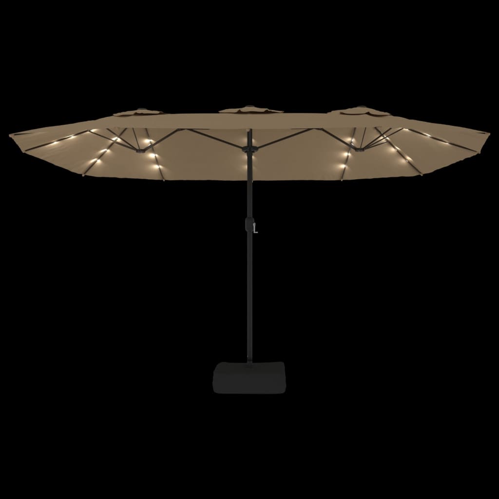 parasol med dobbelt parasoldug og LED-lys 449x245 cm gråbrun