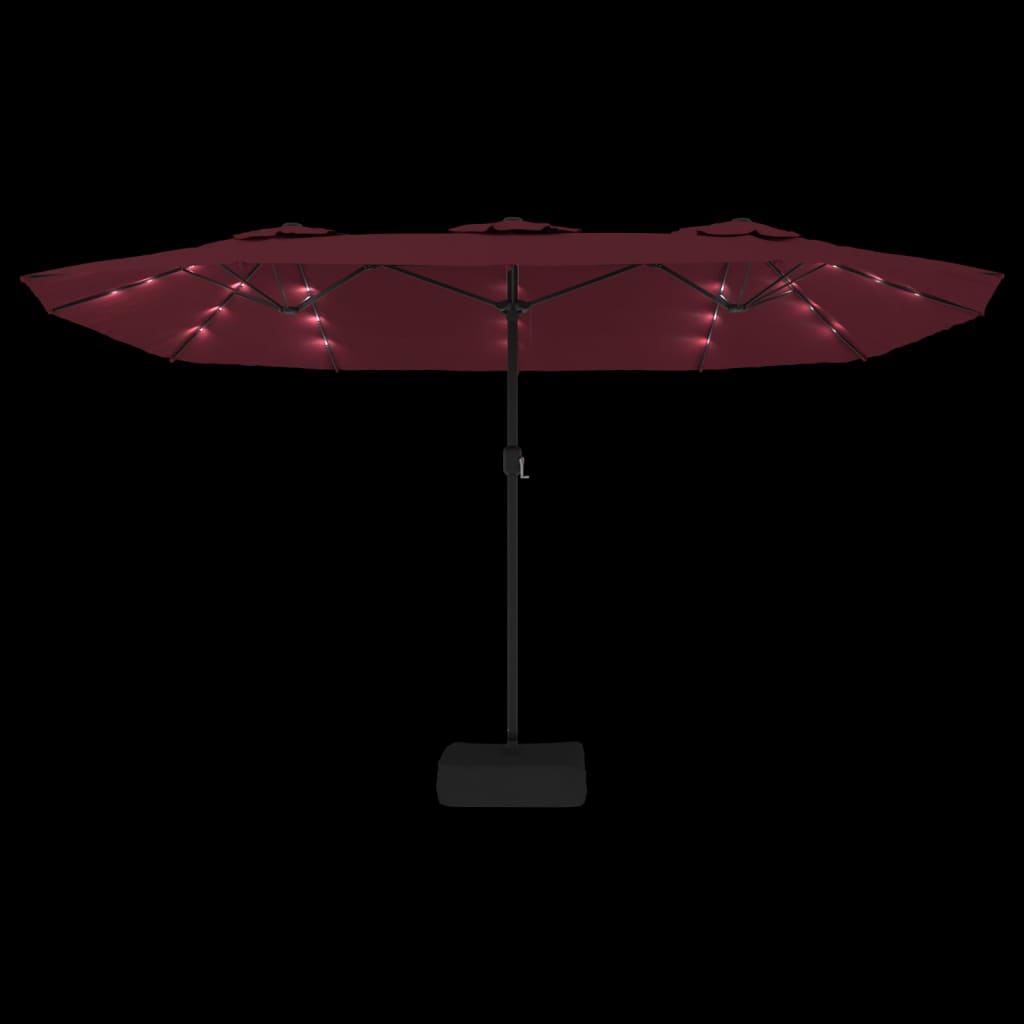 parasol m. dobbelt parasoldug og LED-lys 449x245 cm bordeauxrød