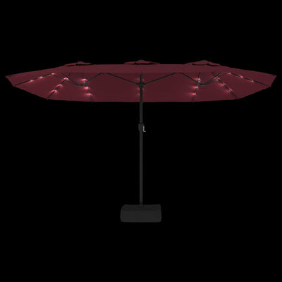 parasol m. dobbelt parasoldug og LED-lys 449x245 cm bordeauxrød