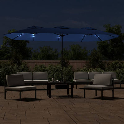 parasol med dobbelt parasoldug og LED-lys 449x245 cm azurblå