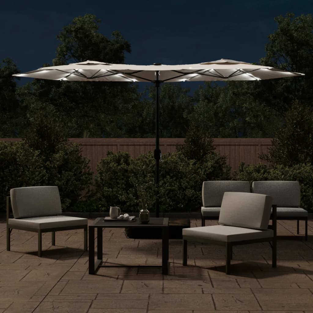 parasol med dobbelt parasoldug og LED-lys 316x240 cm sandhvid