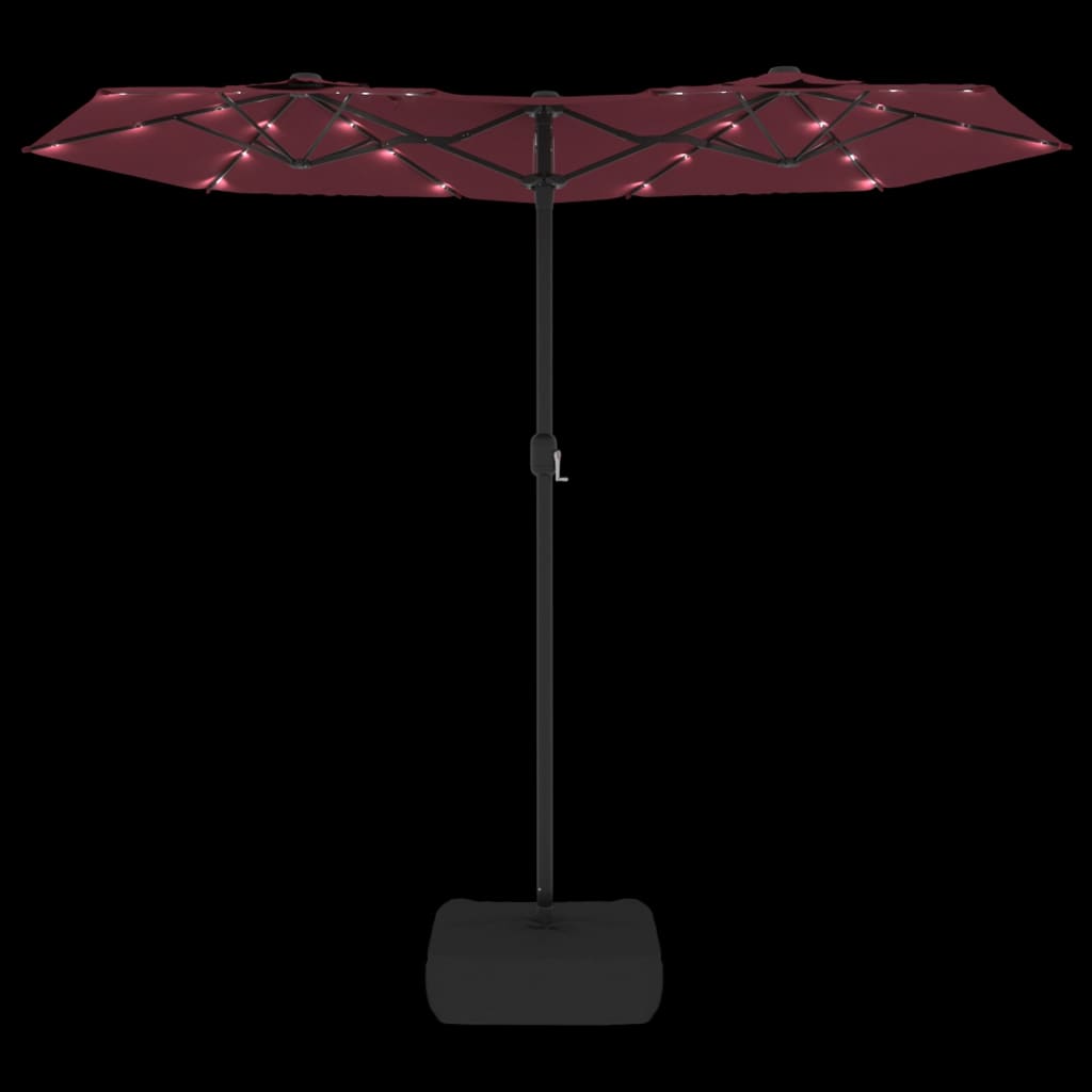 parasol m. dobbelt parasoldug og LED-lys 316x240 cm bordeauxrød