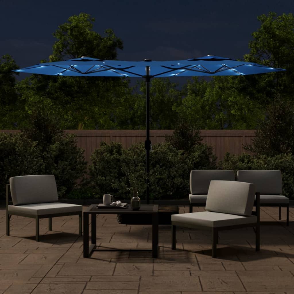 parasol med dobbelt parasoldug og LED-lys 316x240 cm azurblå