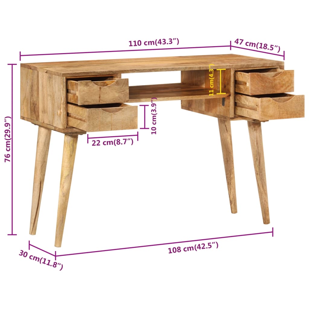 skrivebord med skuffer 110x47x76 cm massivt mangotræ