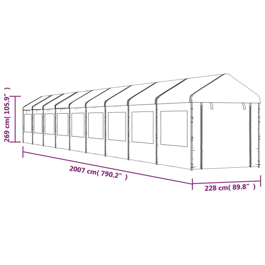 pavillon med tag 20,07x2,28x2,69 m polyethylen hvid