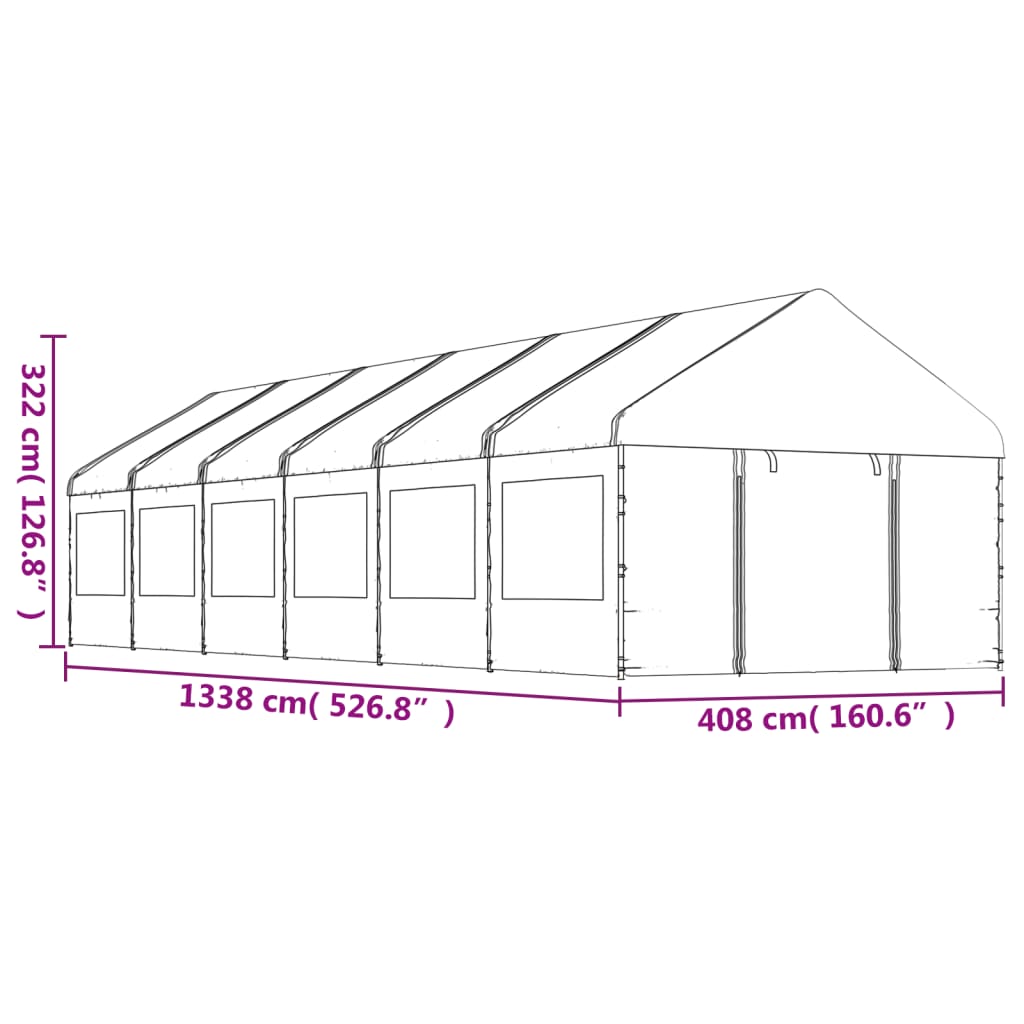 pavillon med tag 13,38x4,08x3,22 m polyethylen hvid