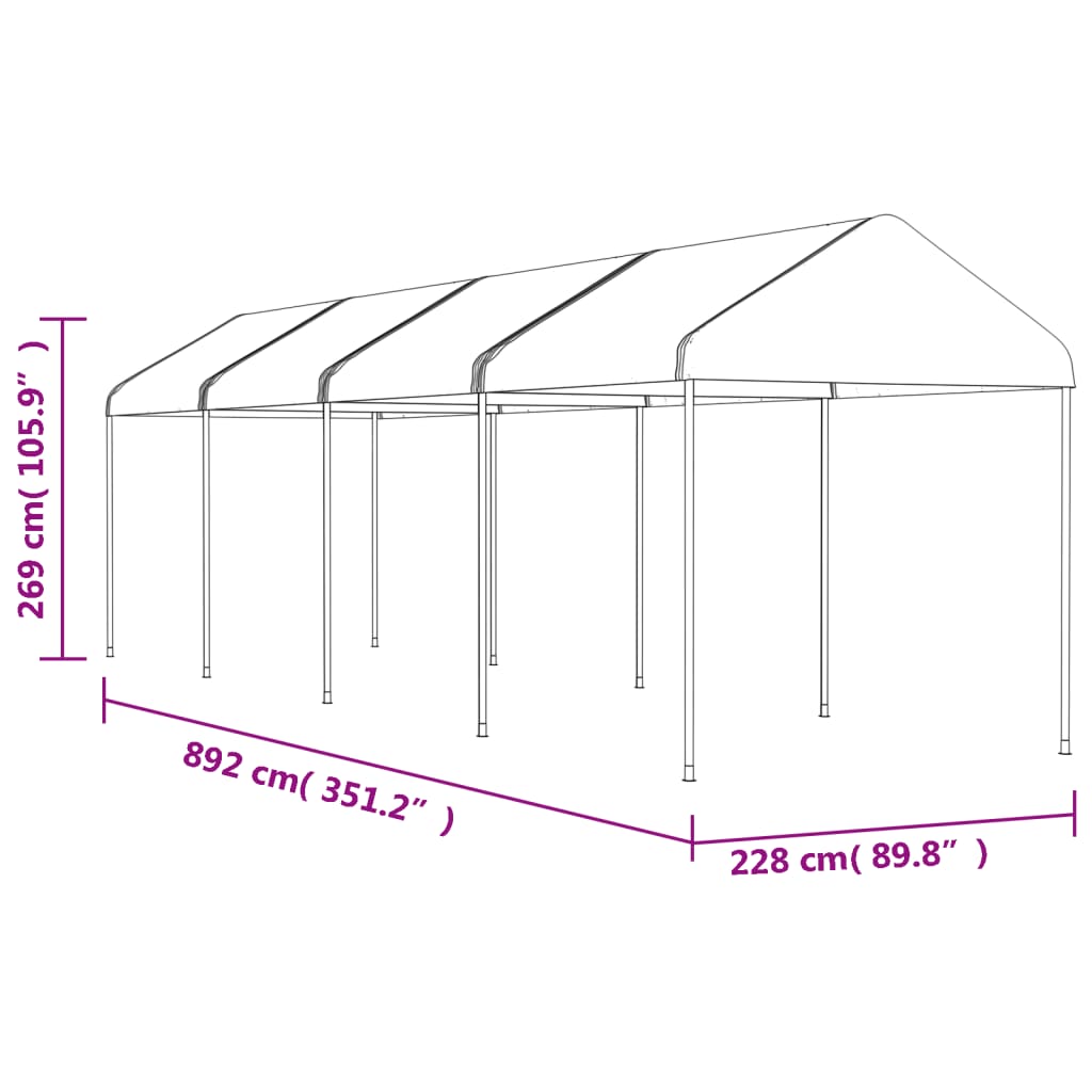 pavillon med tag 8,92x2,28x2,69 m polyethylen hvid