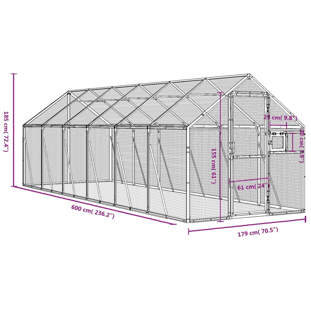 voliere 1,79x6x1,85 m aluminium sølvfarvet