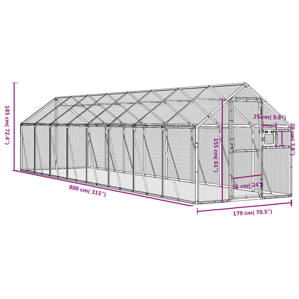 voliere 1,79x8x1,85 m aluminium sølvfarvet