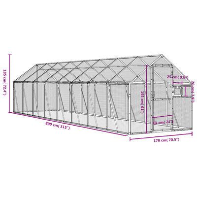 voliere 1,79x8x1,85 m aluminium sølvfarvet