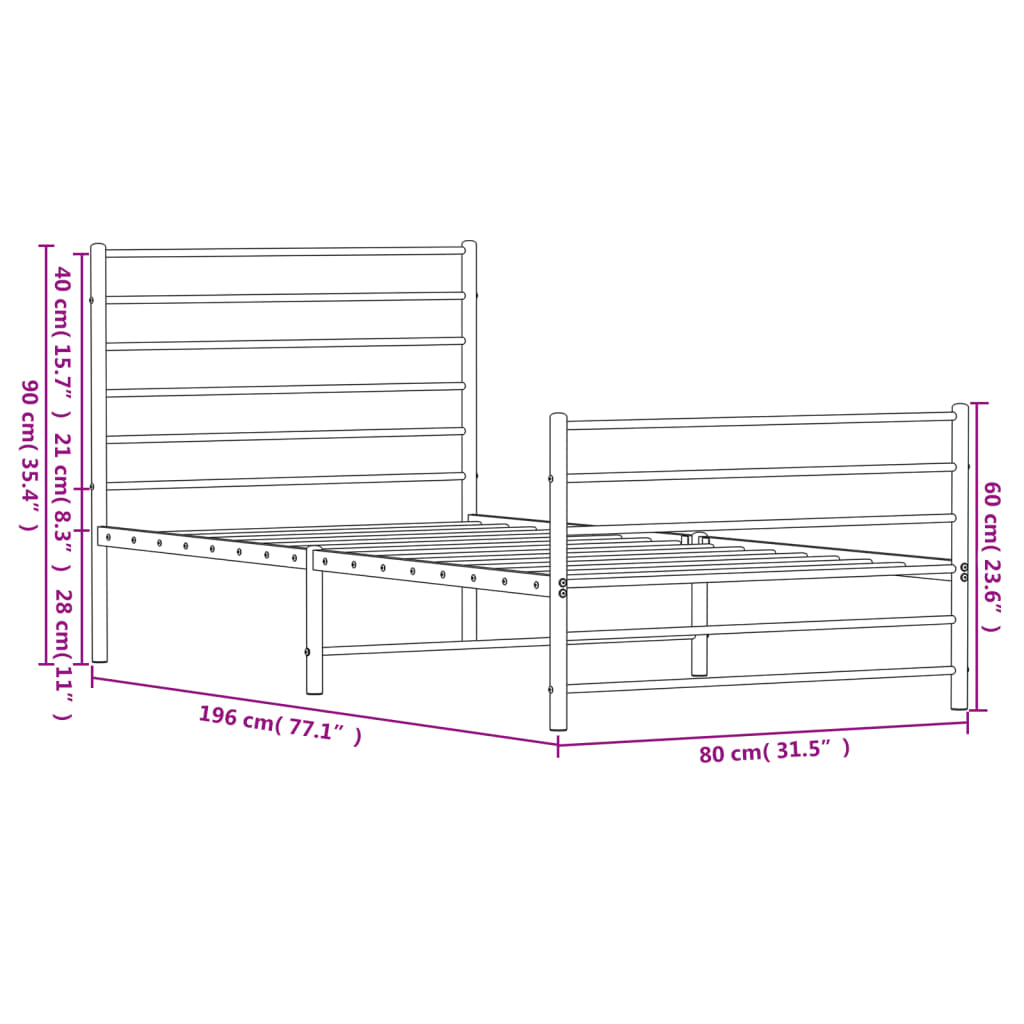 sengeramme med sengegavl og fodgærde 75x190 cm metal sort