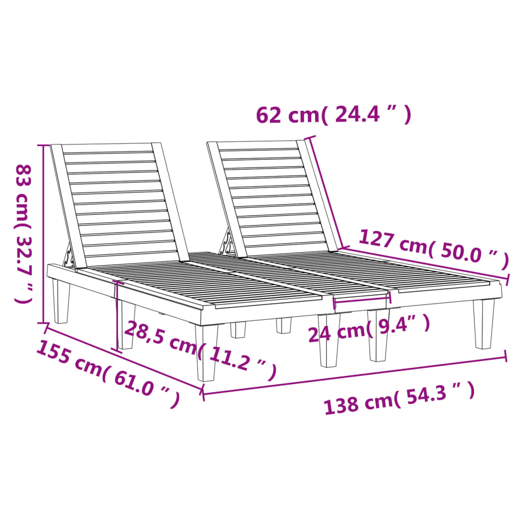 dobbelt liggestol 155x138x83 cm polypropylen sort