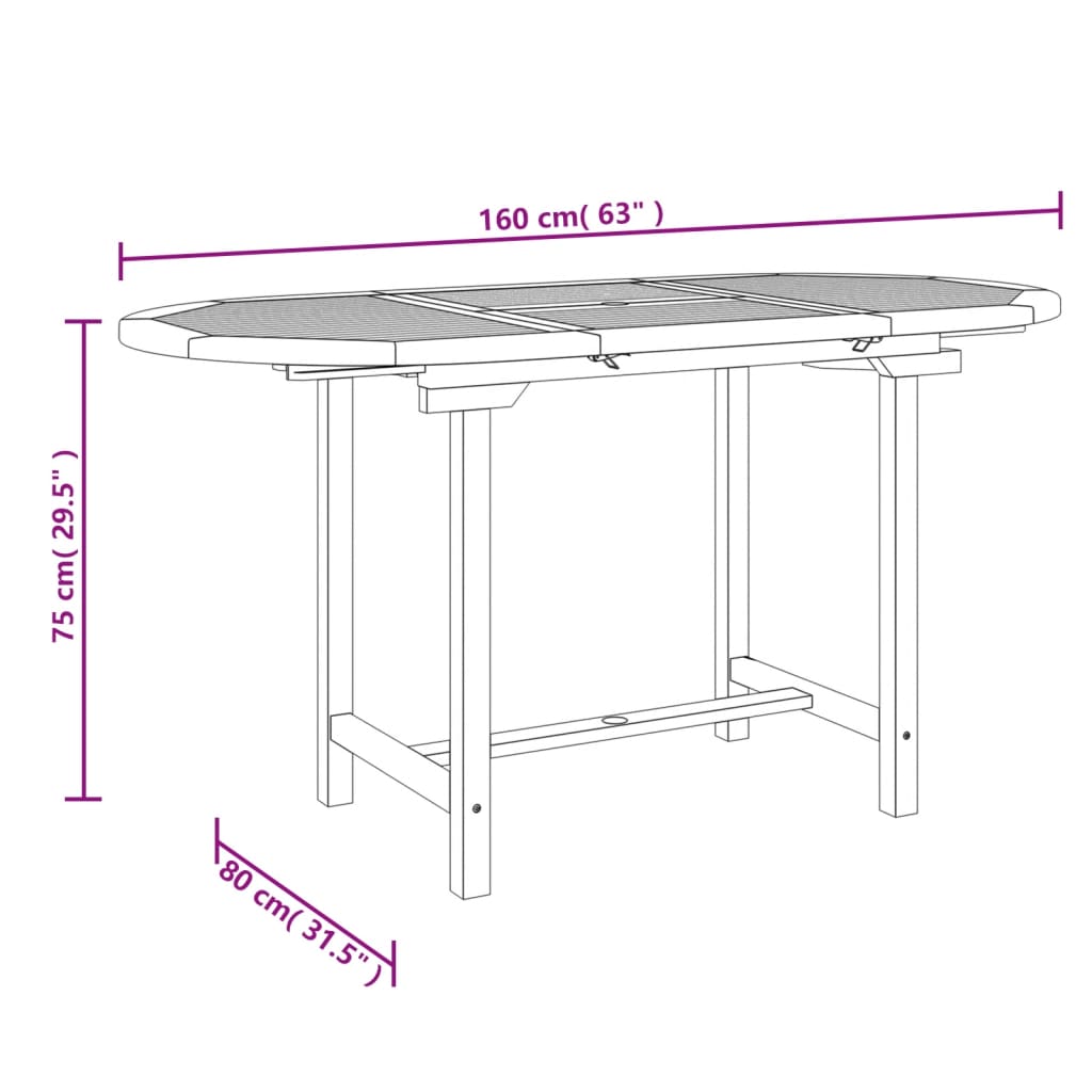 havebord med udtræk 110-160x80x75 cm massivt teaktræ