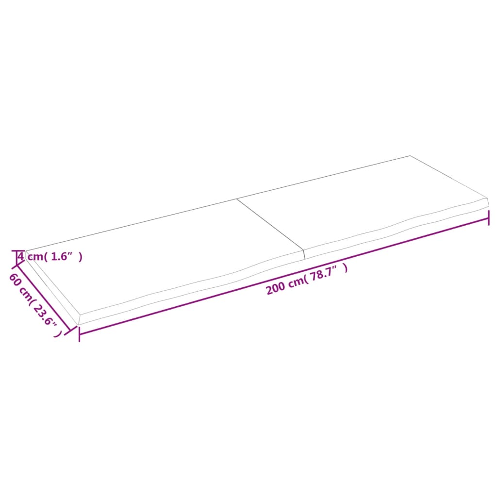 væghylde 200x60x(2-4) cm ubehandlet massivt egetræ