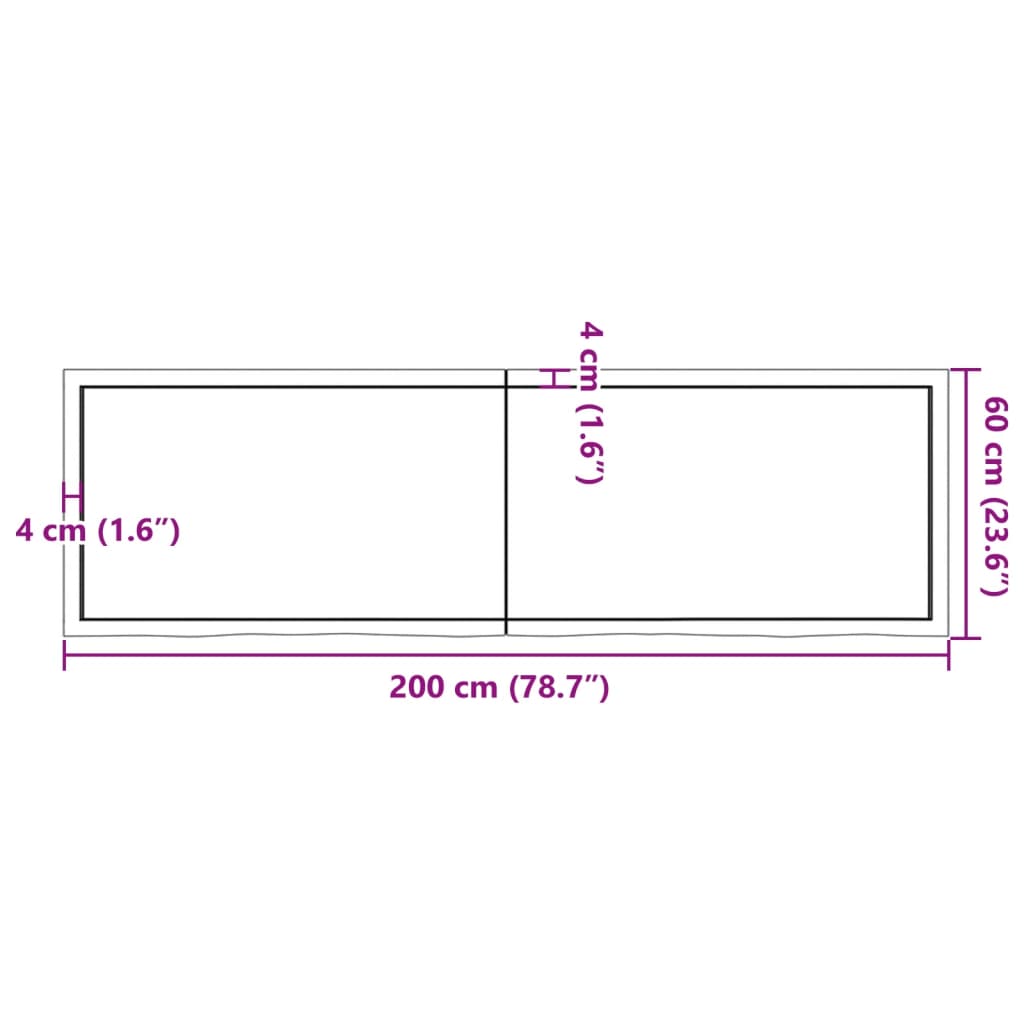 væghylde 200x60x(2-4) cm ubehandlet massivt egetræ