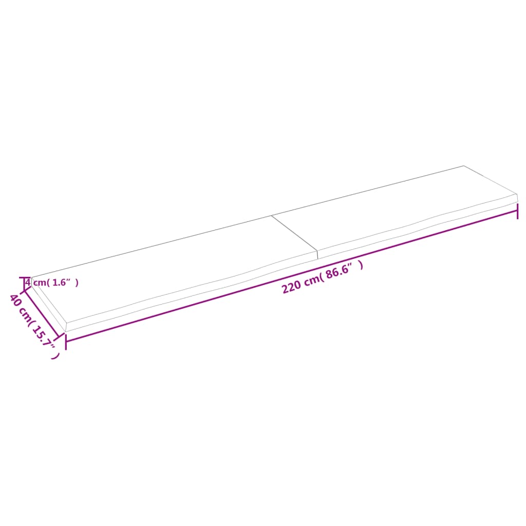 væghylde 220x40x(2-4) cm ubehandlet massivt egetræ